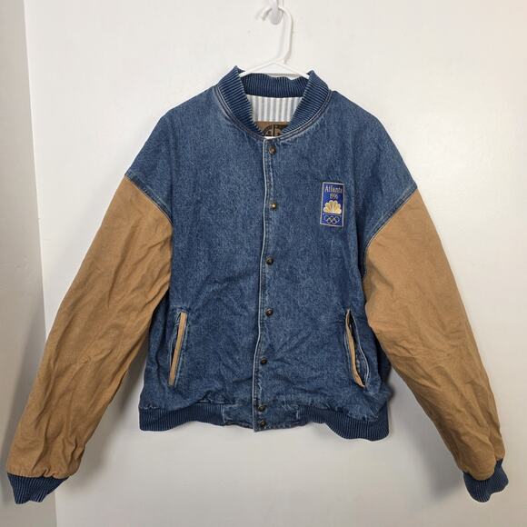 International Denim Blue Tan Atlanta 1996 Olympics Snap Up Varsity Jacket Size L - Picture 1 of 7